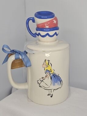 NWT Rae Dunn Alice in Wonderland Ceramic Mug with Stacked Teacup Lid